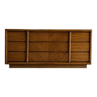 Mid Century Modern Lane Oak Dresser 9 Drawer Geometric Front Low Credenza For Sale