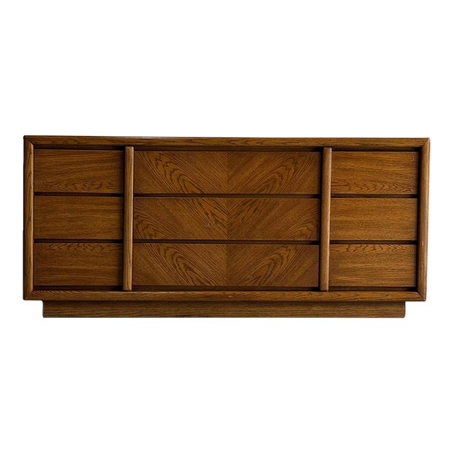 Mid Century Modern Lane Oak Dresser 9 Drawer Geometric Front Low Credenza For Sale