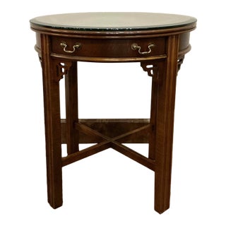 Vintage Lane Chinese Chippendale Style Banded Mahogany Accent Table W Glass Top For Sale