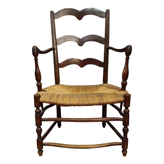 Armchair in Wood with Woven Straw Seat For Sale