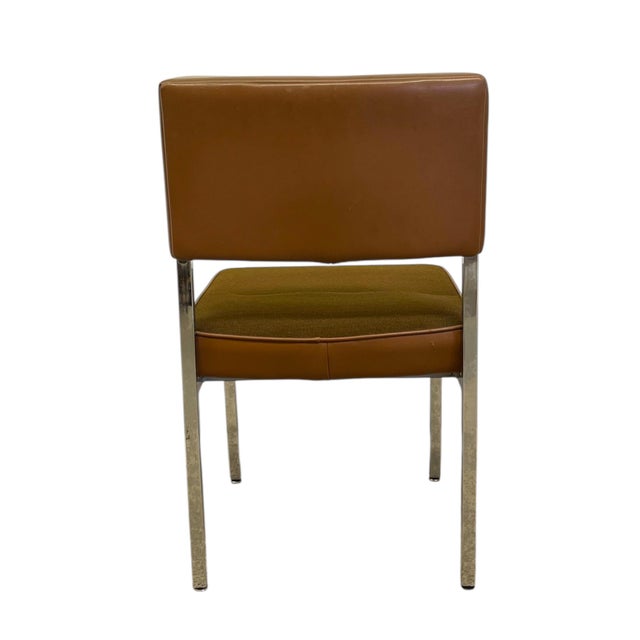Vintage Industrial Steel Toned Dining Chair - Brown Seat & Brown Vinyl Like Back For Sale - Image 9 of 9