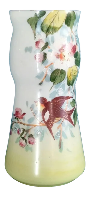 1890s Extra Large Austrian Hand Painted Cased Glass Bird Vase Signed "Austria"