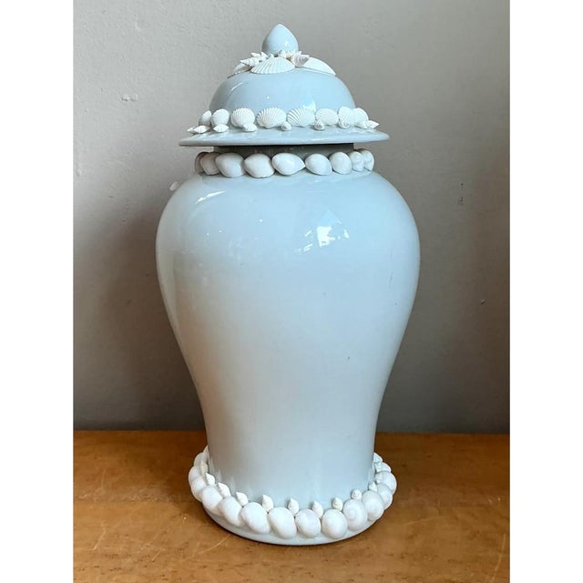 Ceramic Vintage Shell Encrusted Lidded Ceramic Urns - Pair For Sale - Image 7 of 12
