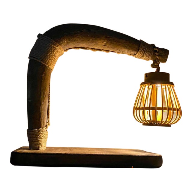 Mid-Century Reclaimed Ox Yoke Table Lamp — Hand-Forged Iron & Rattan Shade For Sale