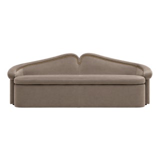 Taupe Velvet Sofa with Scalloped Backrest and Brass Nailhead Trim by Cavio Casa For Sale