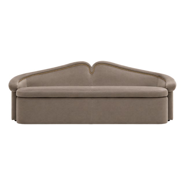 Taupe Velvet Sofa with Scalloped Backrest and Brass Nailhead Trim by Cavio Casa For Sale