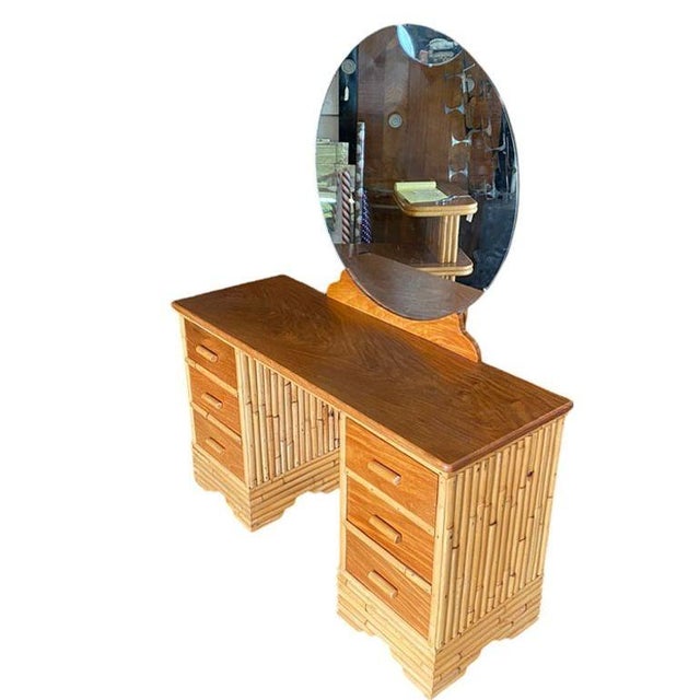 Art Deco 1940s Restored Early Mid-Century Stacked Rattan & Mahogany Vanity W/ Round Mirror For Sale - Image 3 of 7