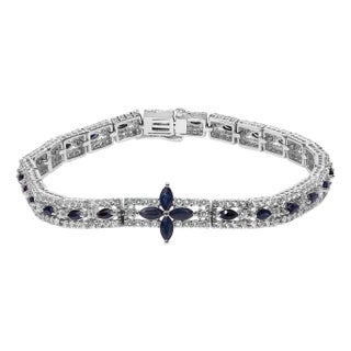 Sterling Silver Dark Blue Sapphire and Topaz Marquise Floral Art Deco Link Bracelet For Sale