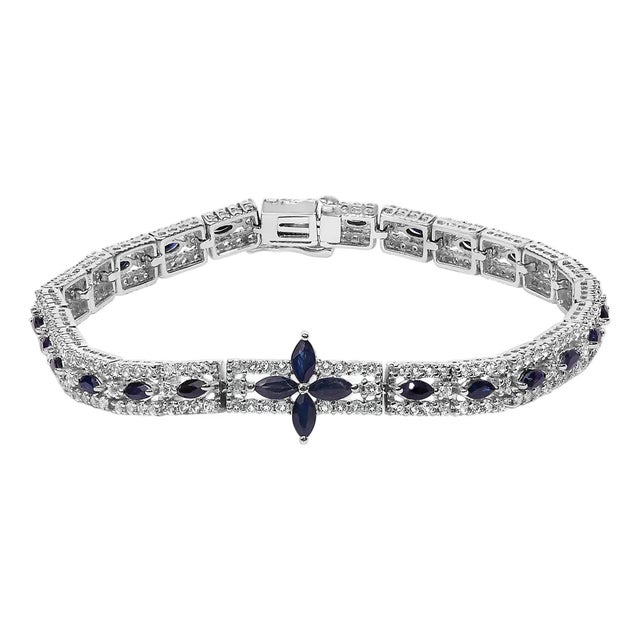 Sterling Silver Dark Blue Sapphire and Topaz Marquise Floral Art Deco Link Bracelet For Sale