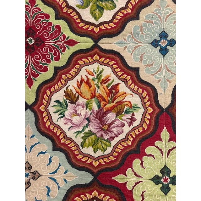 French 1880s Multicolor Floral Classical Antique European Needelpoint Wool Square Rug For Sale - Image 3 of 5