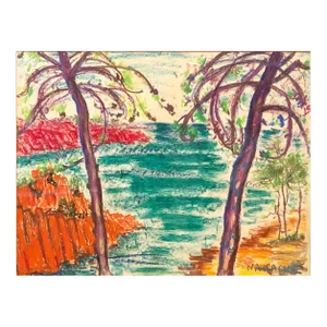 Armand Henri Nakache, Algerian French Vibrant Colorful Expressionist Beach Scene Oil Pastel Drawing