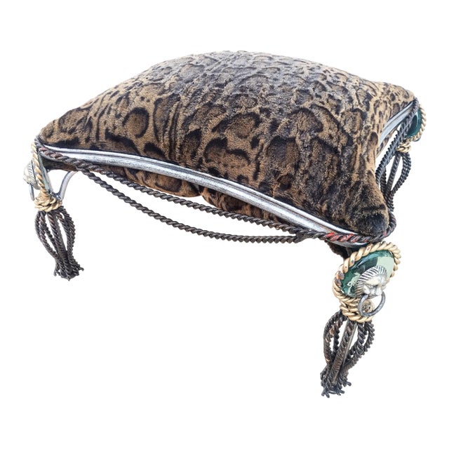 Vintage Maitland Smith Heavy Braided Iron Tassel Lion Head Corner Cheetah Foot Stool Ottoman For Sale
