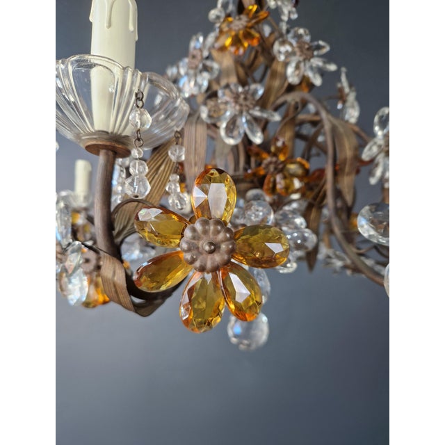 1950s Amber Crystal Glass Brass Flower Chandelier For Sale - Image 11 of 13