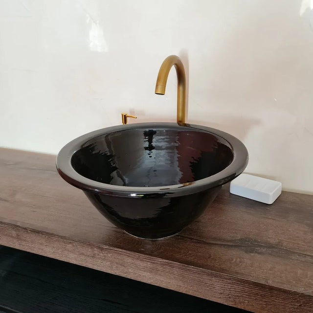 Contemporary Solid Black Table Top Sink, Glazed Black Ceramic Chairish