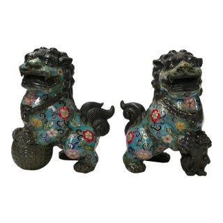 Pair Vintage Enamel Cloisonne Fengshui Foo Dog Lions Display Figure For Sale
