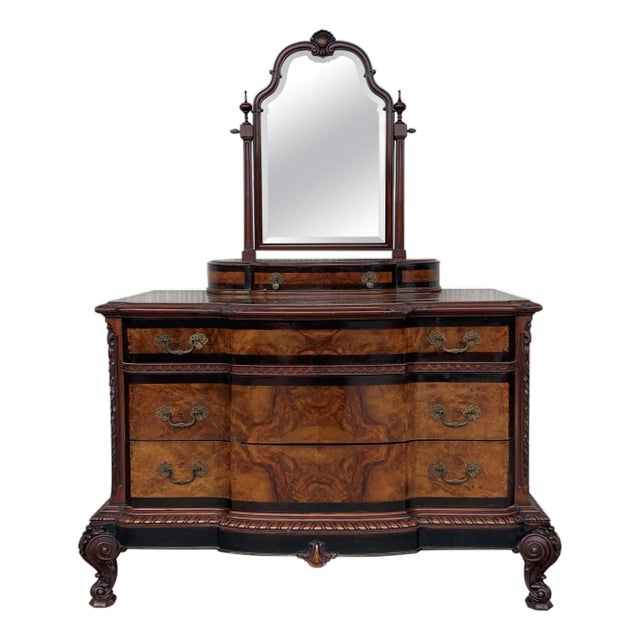 1900s Venetian Baroque Dresser with mirror in Burl Walnut with Ebonized Details For Sale