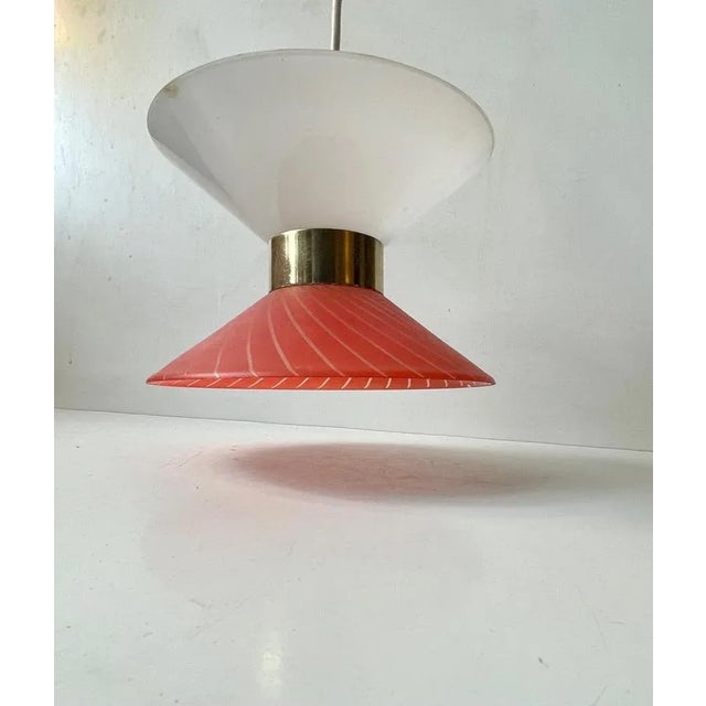 Metal Danish Modernist Diablo Red and White Glass Pendant Light with Brass Disc, 1970s For Sale - Image 7 of 7