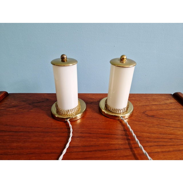 Mid-Century Modern Bedside Lamps in Brass and Cream Opaline Glass, 1950, Set of 2 For Sale - Image 15 of 16