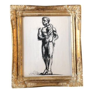 Vintage Deco Male Nude With Cat Original Charcoal Study Drawing Frame For Sale