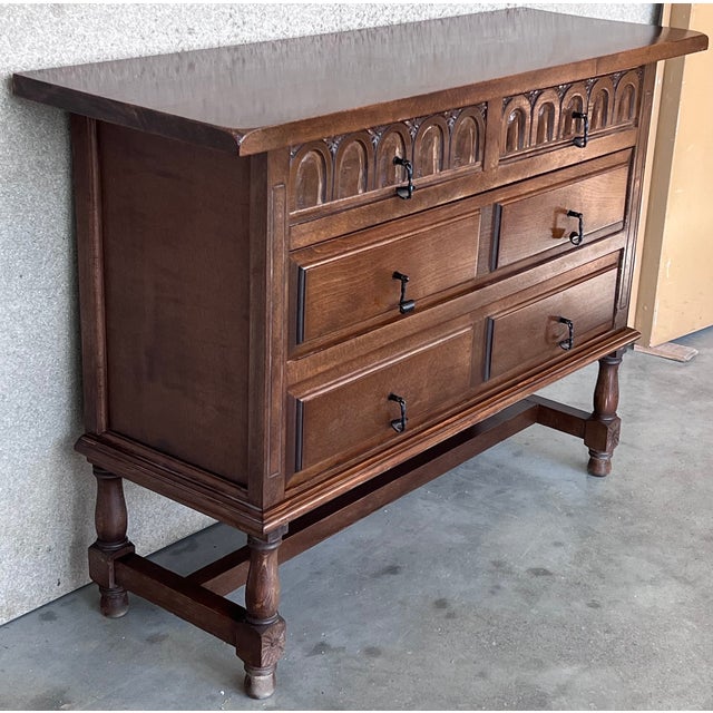 Spanish 20th Century Catalan Spanish Antic Pine Console Sofa Table, Three Drawers For Sale - Image 3 of 11