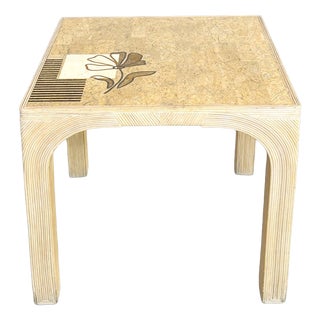 Square Rattan and Stone Marquetry Dining Table and Chairs, 1970s, Set of 3 For Sale