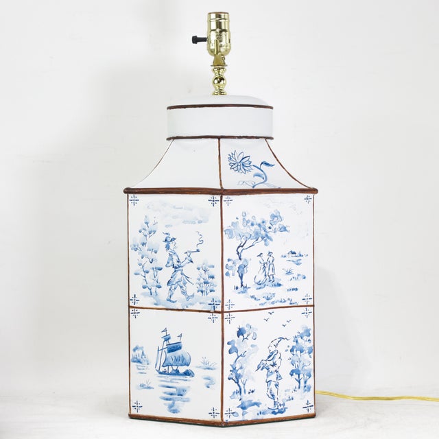 Early 21st Century A Pair of Vintage Hand-Painted Blue and White Imitation Dutch Tile Landscape Tea Can Table Lamps For Sale - Image 5 of 14