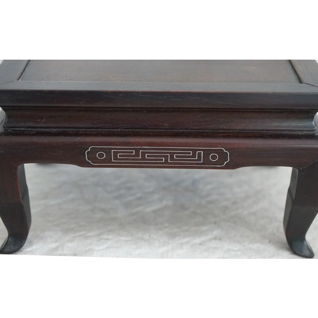 Vintage Chinese, lovely rectangular hard wood, {looks like dark walnut} stand.. there is a decorative thin silver inlay...