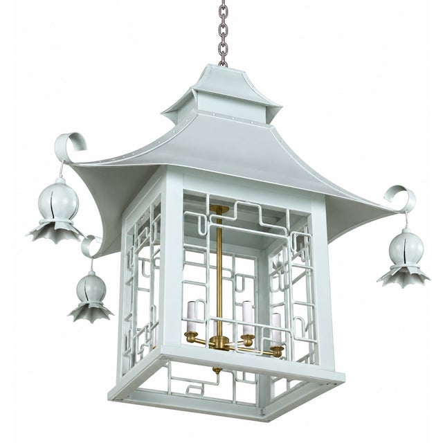 Late 20th Century Vintage Chinoiserie Light Blue Iron Four-Lamp Pagoda Chandelier For Sale - Image 5 of 11