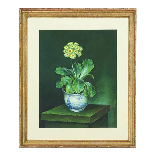 1980s Green and Yellow Auricula in Blue and White Bowl Gouache Painting by Jose Escofet For Sale