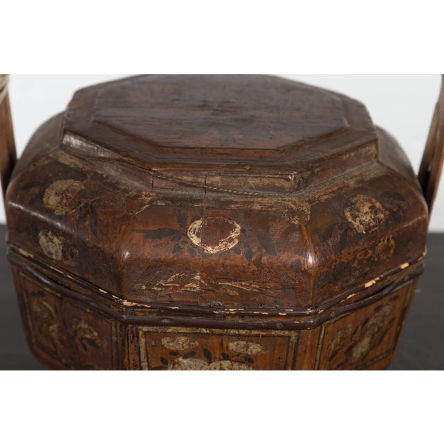 Brown Chinese Antique Lacquered Gift Delivering Basket with Hand Painted Floral Décor For Sale - Image 8 of 13