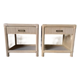Vintage Coastal Rattan & Leather Top One-Drawer Nightstands – A Pair For Sale