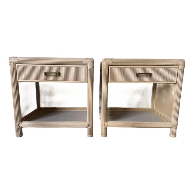 Vintage Coastal Rattan & Leather Top One-Drawer Nightstands – A Pair For Sale