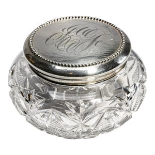 Brilliant Antique Cut Crystal Powder Jar Sterling Silver Lid Edwardian Vanity Jewelry Box Luxury Home Decor For Sale