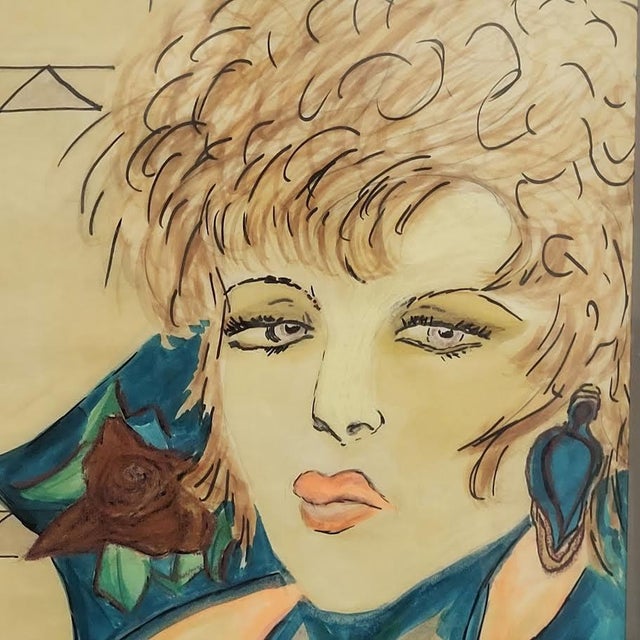 Original watercolor portrait of an exotic and very cool (pop star) woman, signed Patricia. Her technique is reminiscent of...