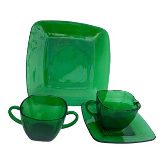 Vintage Mid Century 1940 Green Glass Sugar Bowl, Creamer & Plate Set of 4 For Sale