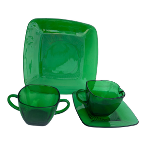 Vintage Mid Century 1940 Green Glass Sugar Bowl, Creamer & Plate Set of 4