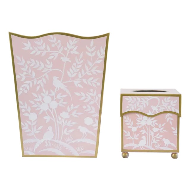 Pink Bird & Vine Tole Waste Basket & Tissue Box Set For Sale