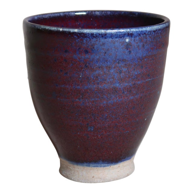 Contemporary Studio Pottery Cup With Layered Blue and Iron-Red Glaze For Sale
