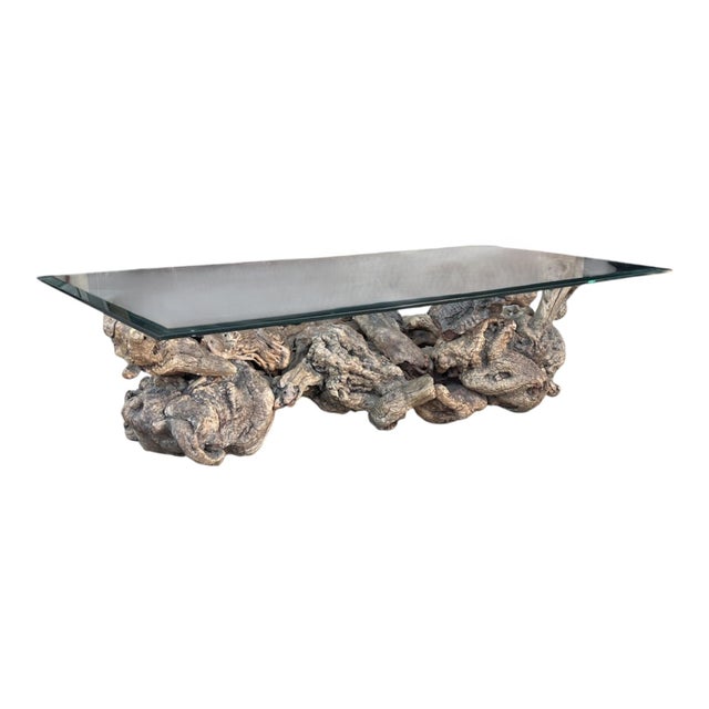 Wood Vintage Sculptural Burl Wood Root Coffee Table With Glass Top – Organic Modern For Sale - Image 7 of 13