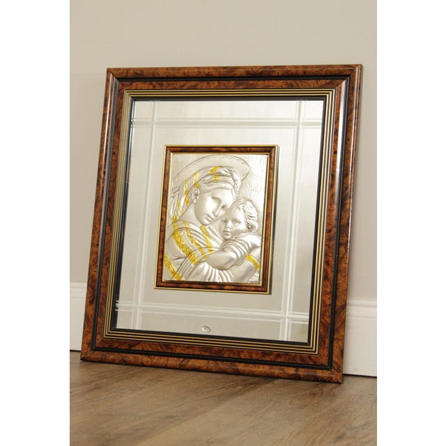 High Quality Vintage Sterling Silver Plaque Depicting Mary and Jesus, Custom Burl Wood Framed with Mirrored Matting