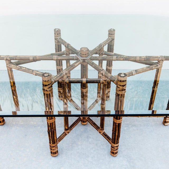 Brown 1980s McGuire Attributed Coastal Modern Bamboo & Laced Rawhide Racetrack Dining Table For Sale - Image 8 of 15