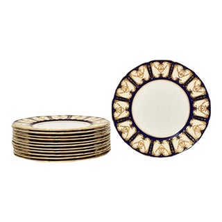 Antique English Cobalt Blue & Raised Gold Dinner Plates Circa 1915 - Set of 12 For Sale
