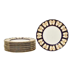Antique English Cobalt Blue & Raised Gold Dinner Plates Circa 1915 - Set of 12