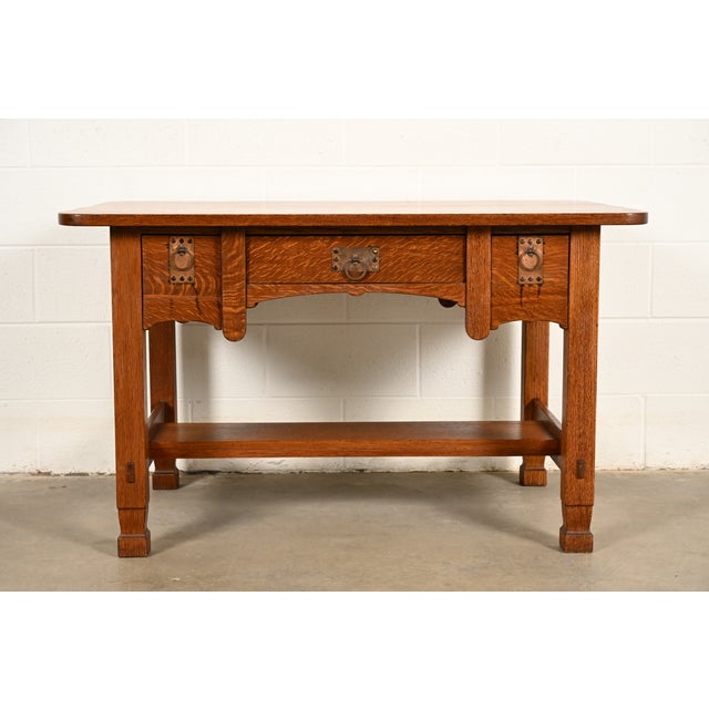 Mission Stickley Brothers Style Antique Mission Oak Arts & Crafts Desk or Writing Table, Circa 1910 For Sale - Image 3 of 15