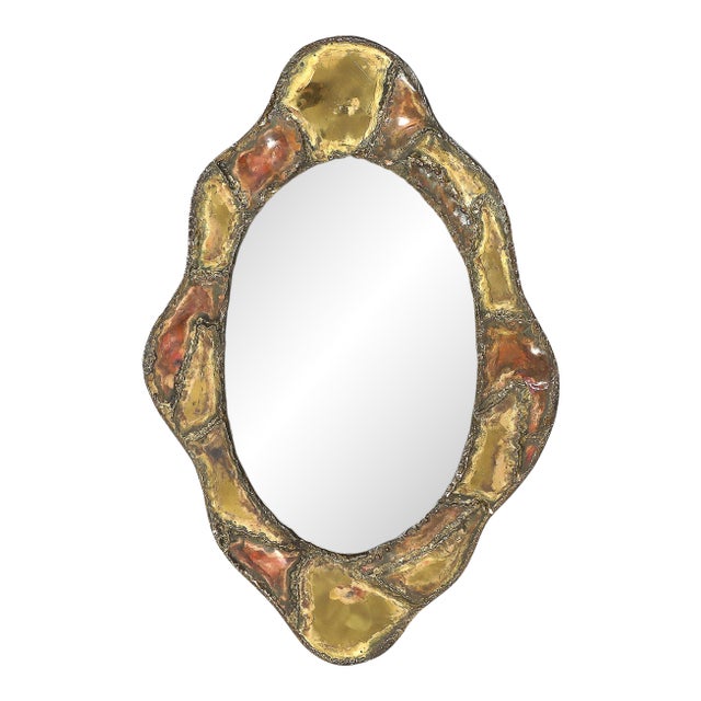 Mid-Century Brutalist Textural Welded Brass & Copper Bordered Signed Mirror For Sale