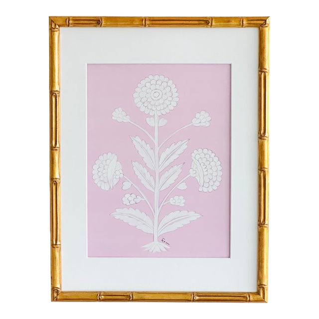 Original Hand-Painted Pink & White Abstract Floral Motif Painting, Framed For Sale