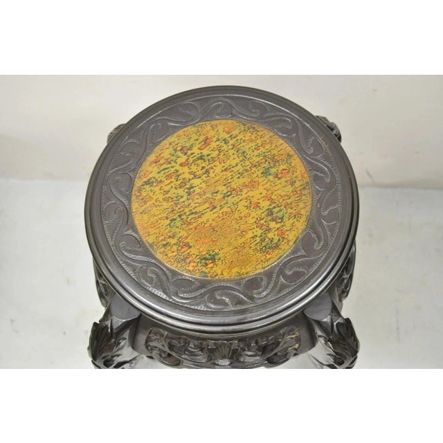 Early 20th Century Early 20th Century Japanese Carved Wood Black Ebonized 29" Plant Stand Side Table Lacquer Top For Sale - Image 5 of 9