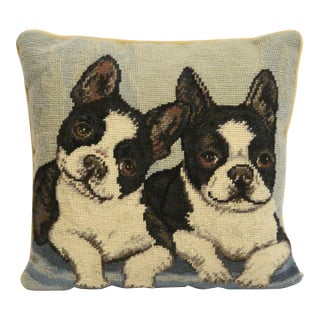 Vintage Boston Terrier Needlepoint Pillow – Hand-Stitched Wool Dog Portrait For Sale