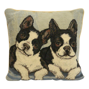 Vintage Boston Terrier Needlepoint Pillow – Hand-Stitched Wool Dog Portrait