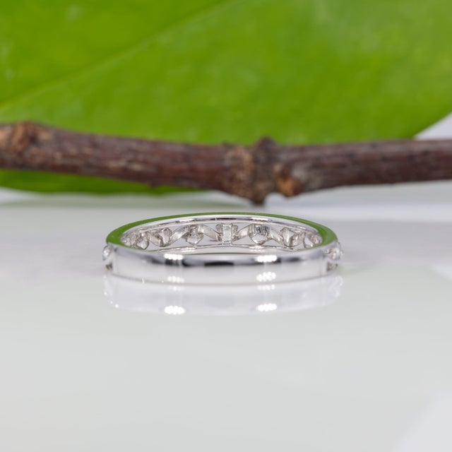 Silver Natural Diamond Band in Solid 14k Gold | Vintage Scroll Design Diamond Ring, Size 6.75 For Sale - Image 8 of 9